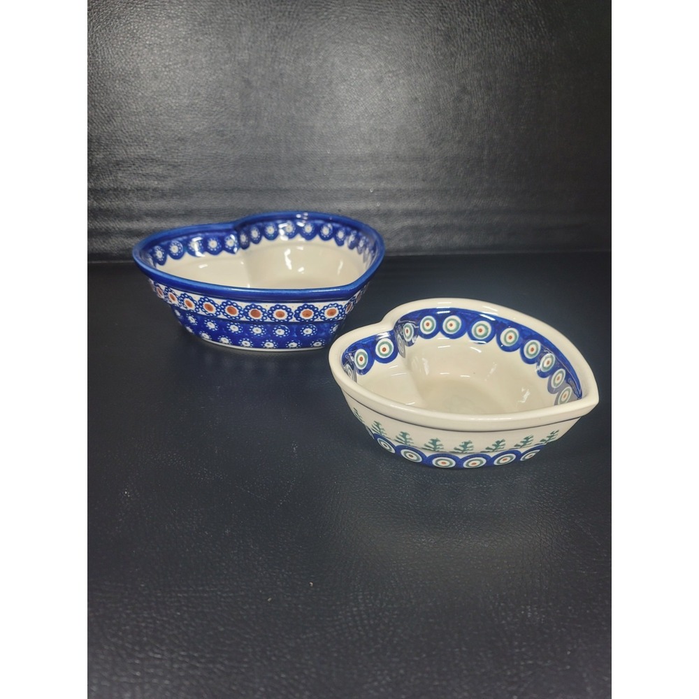 Boleslawiec Polish Pottery Heart Shaped Bowl 9" & 6" Blue Floral Serving Dish